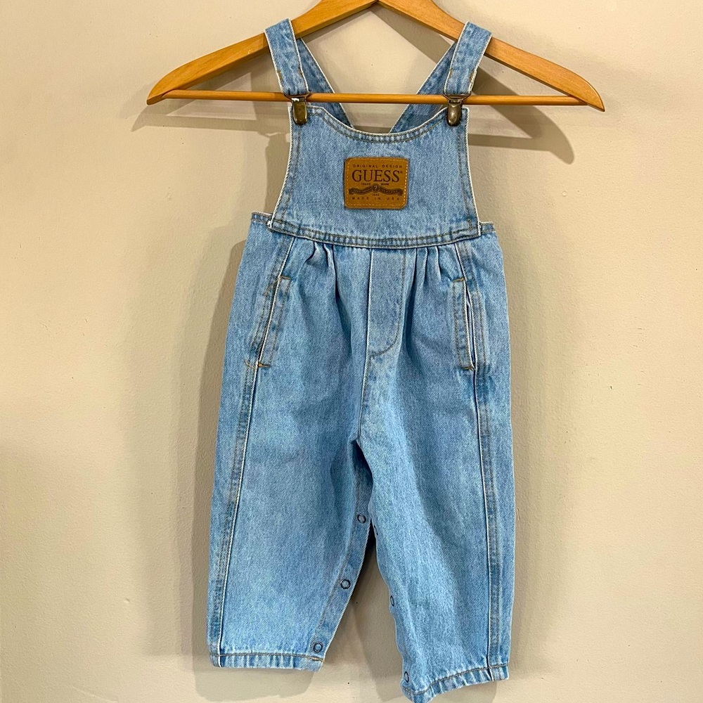 Vintage Guess Leather‎ Patch Clip Overalls 24 Months Medium Wash